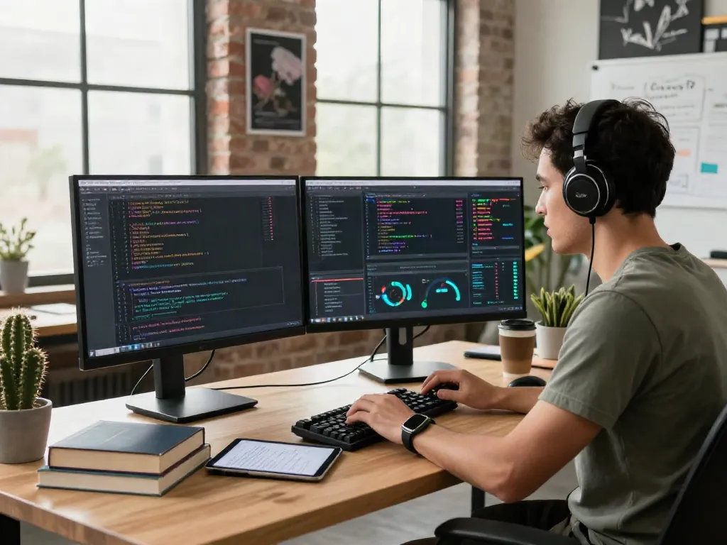 Entwickler bei der Arbeit mit Windows 11 Pro in modernem Büro, mehrere Monitore und inspirierende Umgebung.