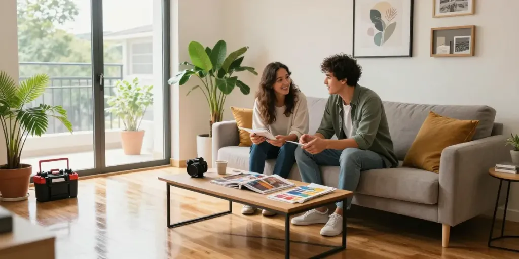 Gestaltungsideen für das eigenheim-blog.com in einem modern renovierten Wohnzimmer mit einem jungen Paar, das diskutiert.