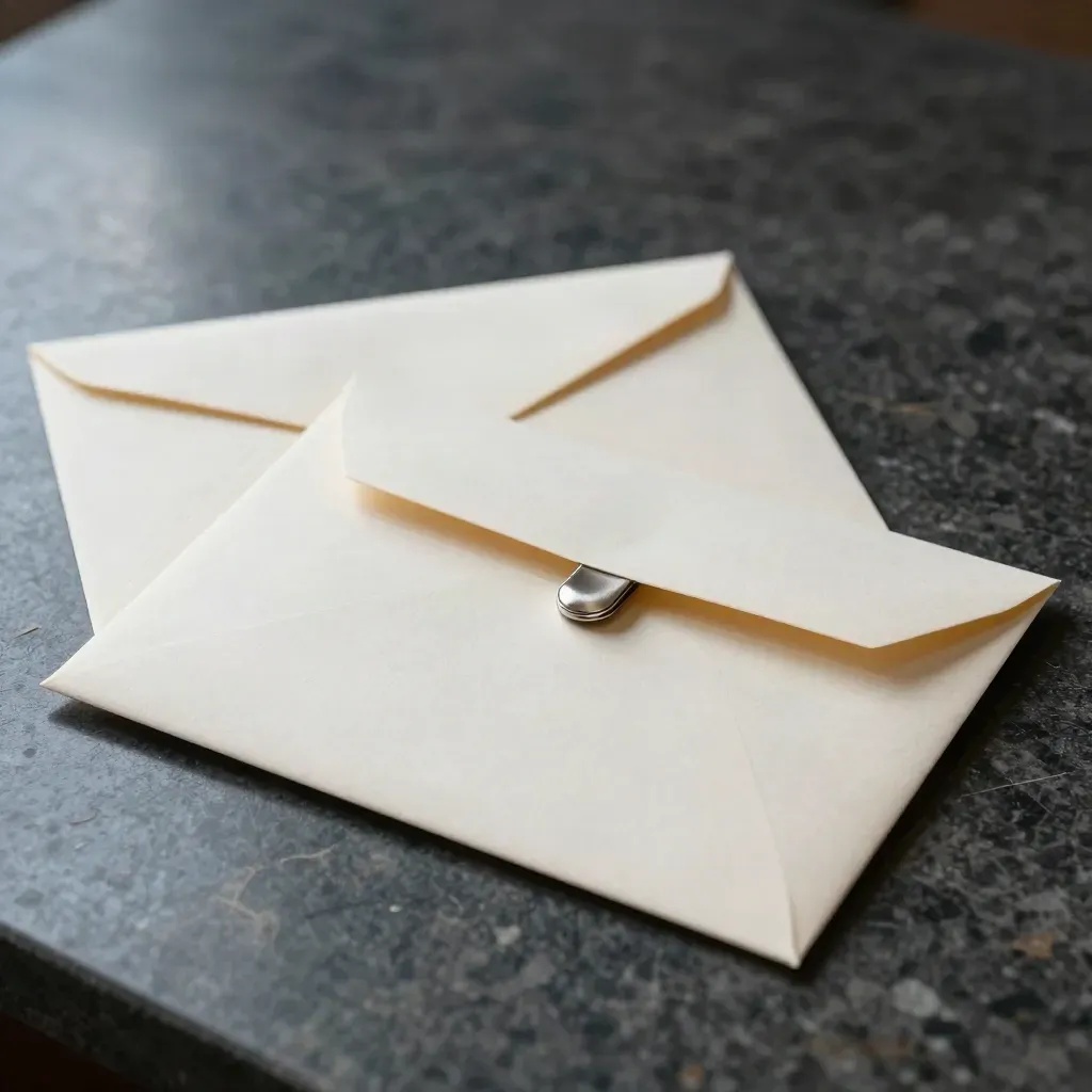 Resume-Folio mit Umschlag und Metallclip auf Travertin, nah und dynamisch fotografiert.