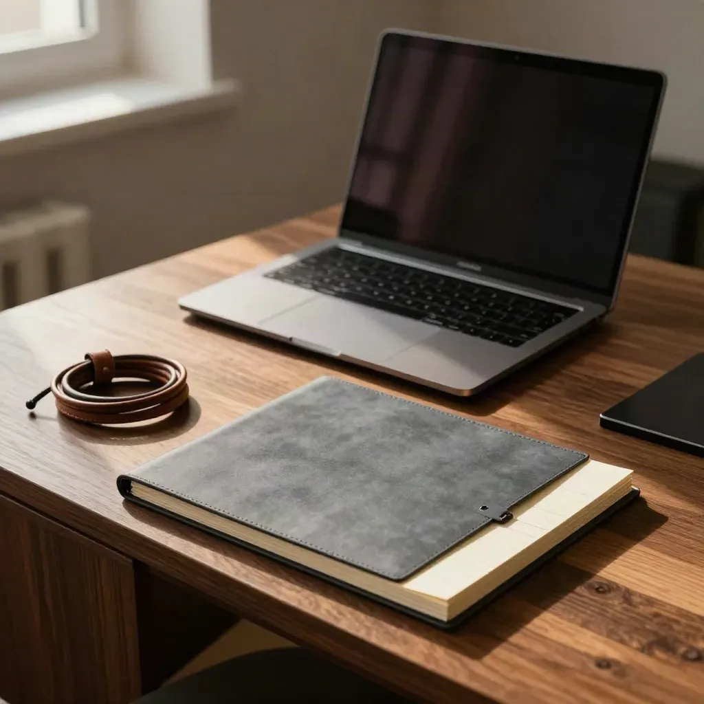 Beratungsstation mit dunklem Laptop, Projektordner und matter Kartenhülle in warmem Licht.
