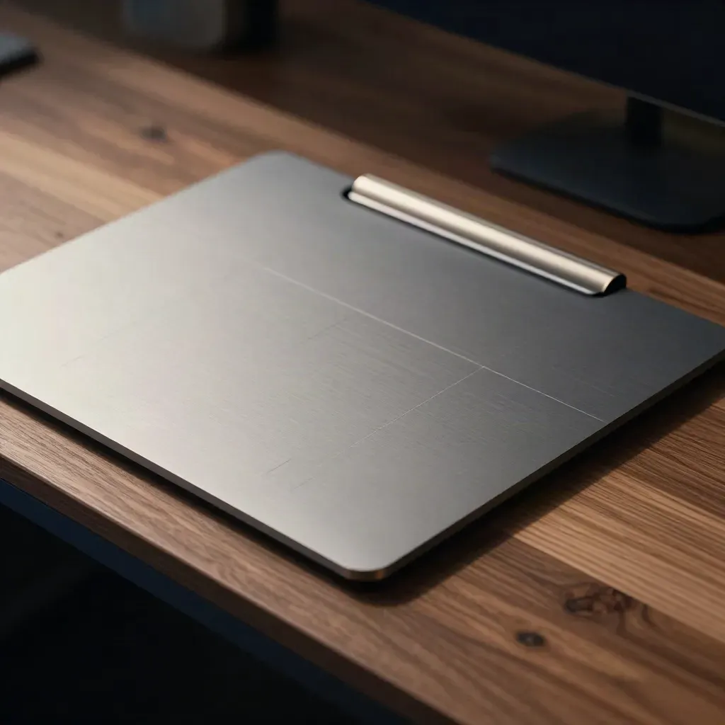 Layout-Board, Trackpad-Stein und Silberklemme im dramatischen Licht