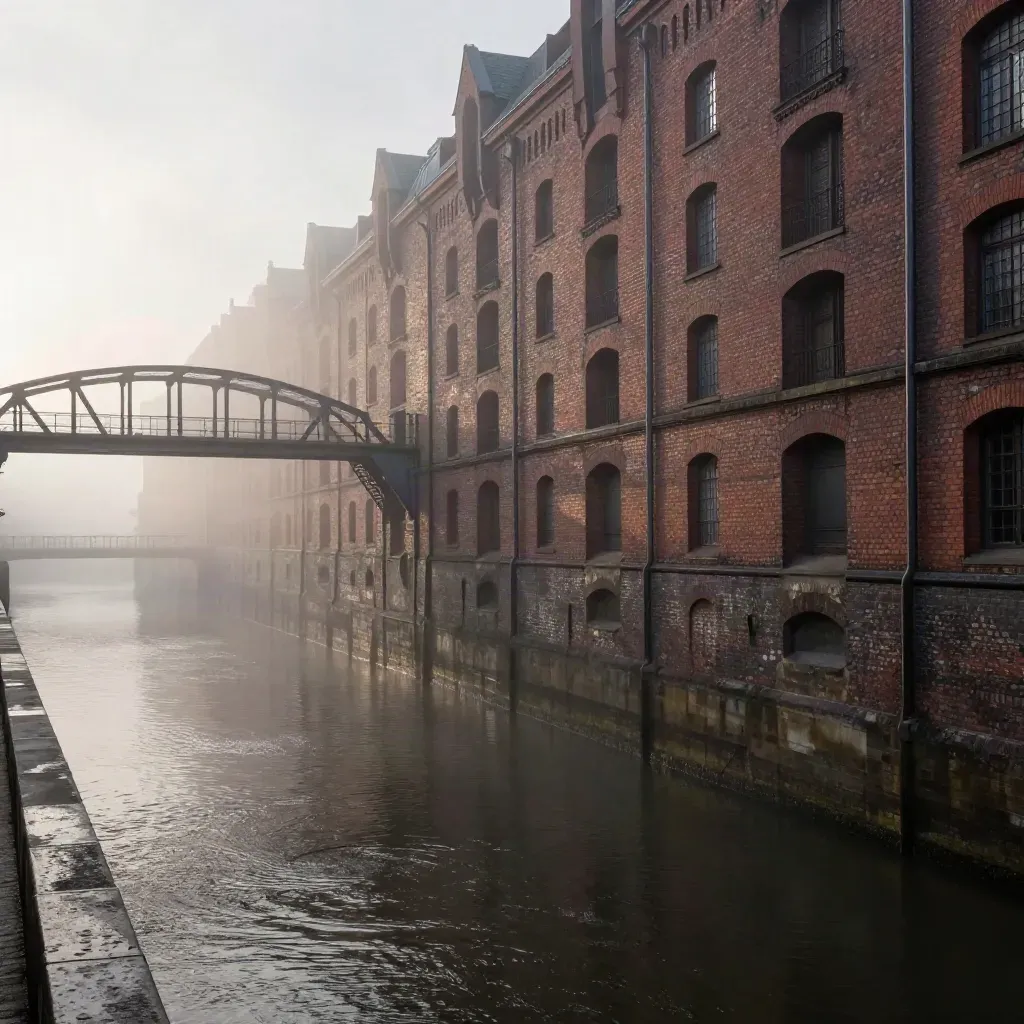 Speicherstadt im Morgennebel mit Brückenbogen und ruhigem Wasser für Textfläche