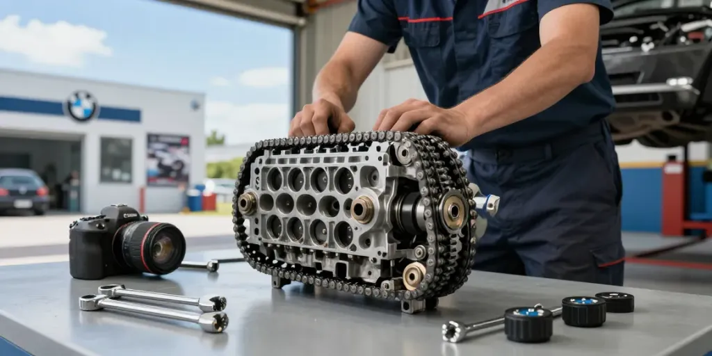 BMW Steuerkette Hannover: Mechaniker überprüft den Motor mit Werkzeugen in einer gut beleuchteten Werkstatt.